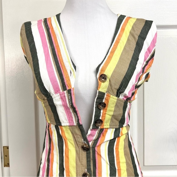 LOFT Striped rainbow Button Flare mini Dress women’s size 0 Petite boho Viscose - Picture 3 of 10